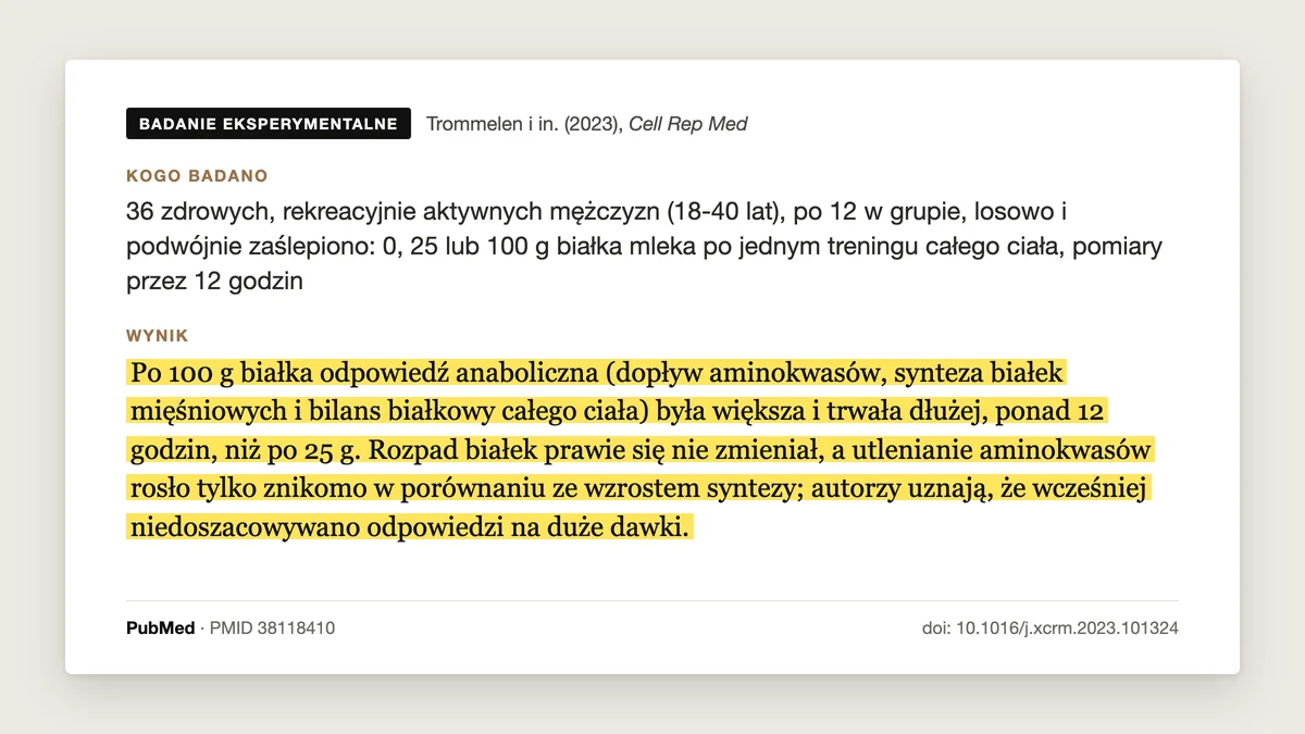 Plansza badania Trommelen i in. 2023, Cell Reports Medicine: 36 mężczyzn, 0, 25 albo 100 g białka mleka po treningu całego ciała. Po 100 g odpowiedź anaboliczna była większa i trwała dłużej, ponad 12 godzin, a utlenianie aminokwasów rosło znikomo.