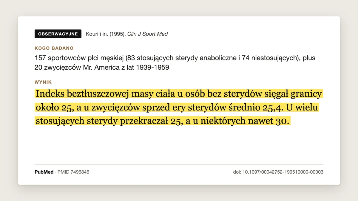 Plansza badania Kouri i in. 1995: FFMI sportowców bez sterydów sięgało około 25, zwycięzcy Mr. America sprzed ery sterydów mieli średnio 25,4, a część użytkowników sterydów przekraczała 30.