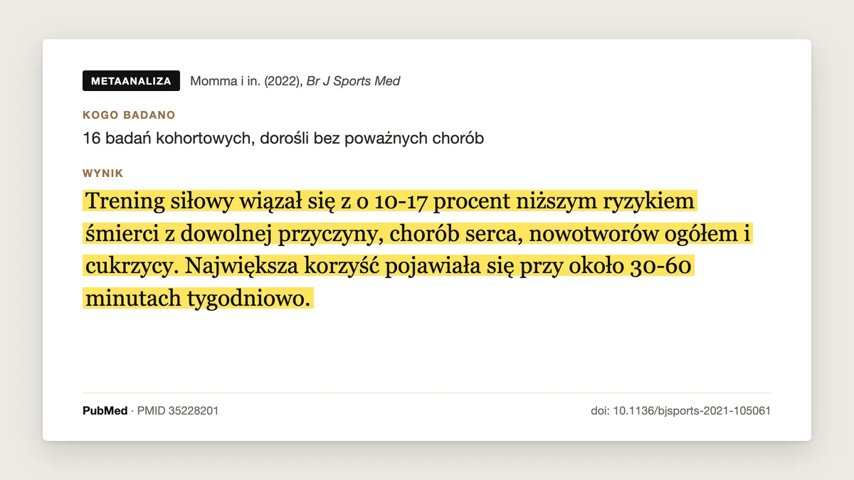 Plansza badania Momma i in. 2022: w 16 badaniach kohortowych trening siłowy wiązał się z 10-17% niższym ryzykiem śmierci z dowolnej przyczyny, chorób serca, nowotworów i cukrzycy, a największa korzyść pojawiała się przy około 30-60 minutach tygodniowo.