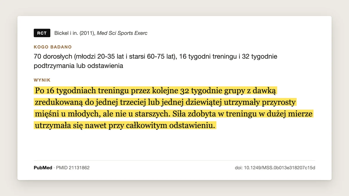Plansza badania Bickel i in. 2011: po 16 tygodniach treningu przez kolejne 32 tygodnie dawka zmniejszona do 1/3 albo 1/9 utrzymała przyrosty mięśni u młodych (20-35 lat), ale nie u starszych (60-75 lat).