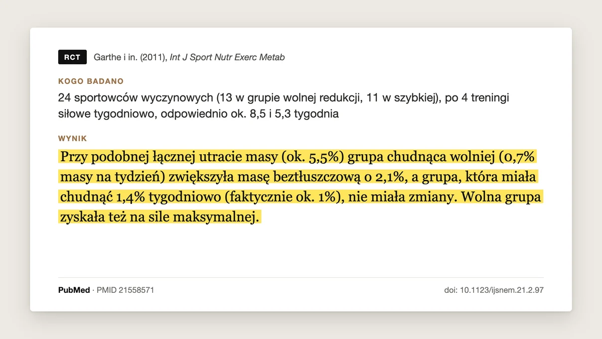 Plansza badania Garthe i in. 2011: przy podobnej utracie ok. 5,5% masy ciała grupa chudnąca 0,7% tygodniowo zwiększyła masę beztłuszczową o 2,1%, a grupa, która miała chudnąć 1,4% tygodniowo (faktycznie ok. 1%), nie miała zmiany. Wolna grupa zyskała też na sile maksymalnej.