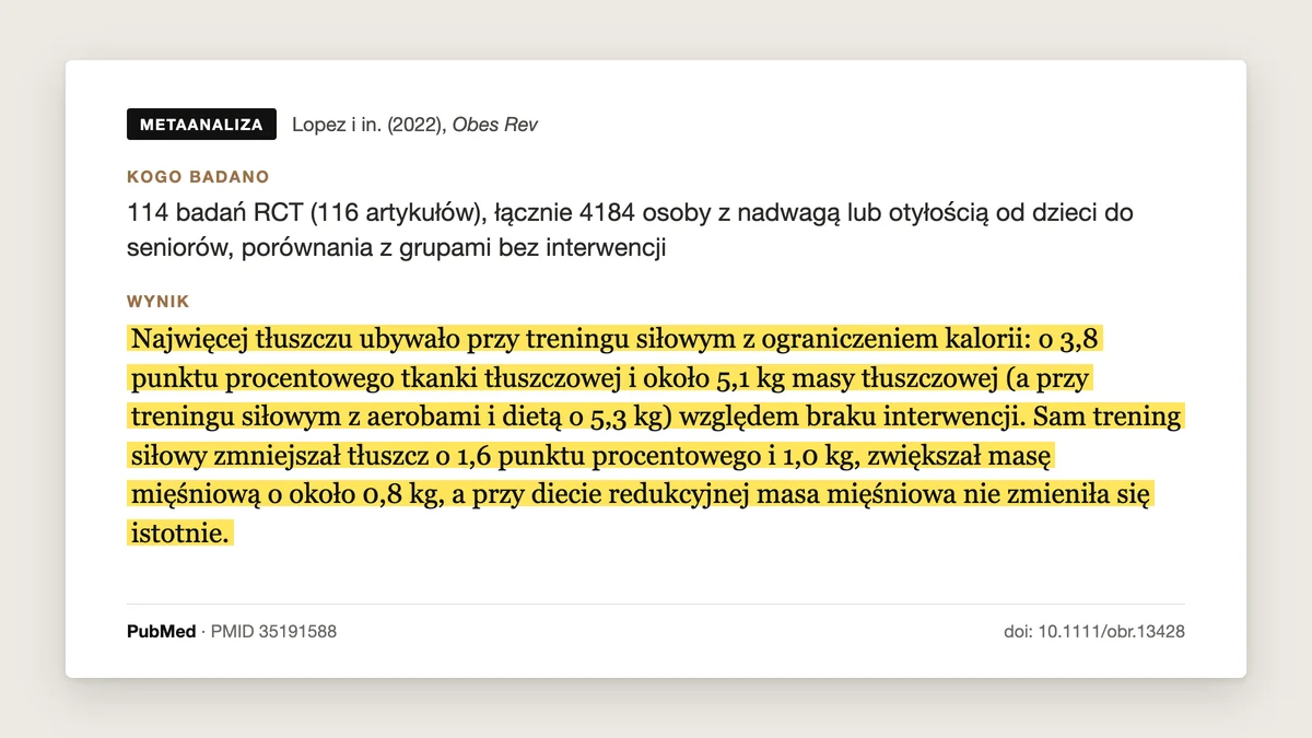 Plansza badania Lopez i in. 2022, Obesity Reviews: przy treningu siłowym z dietą ubywało około 5,1 kg tłuszczu, a z dodatkiem aerobów 5,3 kg, przy diecie redukcyjnej masa mięśniowa nie zmieniała się istotnie.
