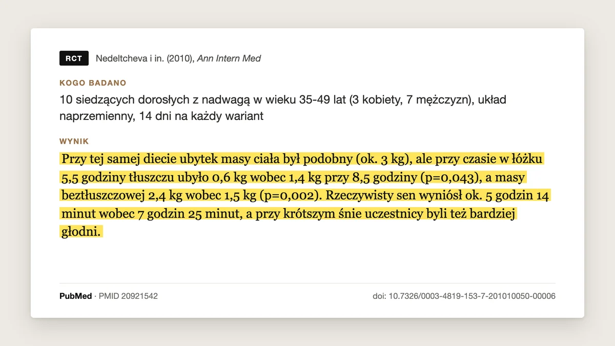 Plansza badania Nedeltcheva i in. 2010, Annals of Internal Medicine: przy tej samej diecie i podobnym spadku wagi o około 3 kg przy 5,5 godziny w łóżku ubyło 0,6 kg tłuszczu zamiast 1,4 kg, a masy beztłuszczowej 2,4 kg zamiast 1,5 kg.
