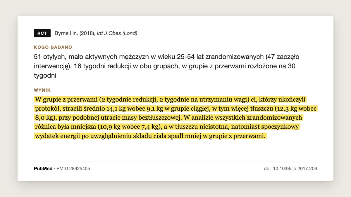 Plansza badania Byrne i in. 2018 (MATADOR): otyli mężczyźni na deficycie ok. 33% i redukcji z przerwami, 2 tygodnie deficytu i 2 tygodnie na utrzymaniu wagi, stracili średnio 14,1 kg wobec 9,1 kg przy redukcji ciągłej, w tym 12,3 wobec 8,0 kg tłuszczu. W analizie wszystkich zrandomizowanych różnica była mniejsza: 10,9 wobec 7,4 kg, a w tłuszczu nieistotna.