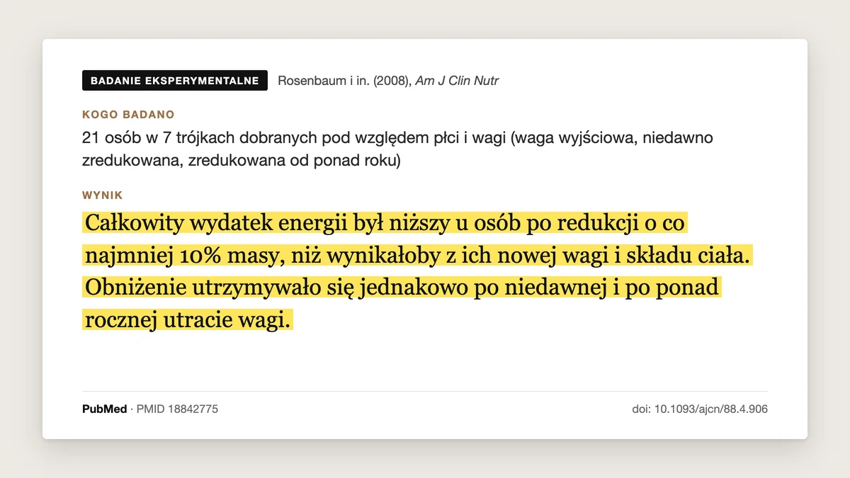 Plansza badania Rosenbaum i in. 2008: u osób po redukcji o co najmniej 10% masy całkowity wydatek energii był niższy, niż wynikałoby z nowej wagi i składu ciała, tak samo po niedawnej i po ponad rocznej utracie wagi.