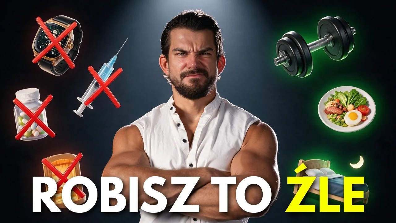 Miniatura mojego filmu: Jak wydać pieniądze na formę. Przekreślone zegarek, strzykawka, suplementy i sauna, a obok hantel, talerz z jedzeniem i łóżko. Napis: robisz to źle.