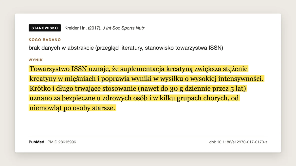 Plansza badania Kreider i in. 2017, stanowisko ISSN: suplementacja kreatyną zwiększa jej stężenie w mięśniach i poprawia wyniki w wysiłku o wysokiej intensywności, a krótko i długo trwające stosowanie, nawet do 30 g dziennie przez 5 lat, uznano za bezpieczne u zdrowych osób.
