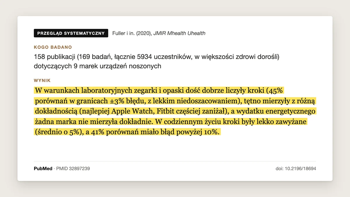 Plansza przeglądu systematycznego Fuller i in. 2020, JMIR mHealth uHealth: 158 publikacji, 9 marek zegarków i opasek. Kroki liczyły dość dobrze, tętno z różną dokładnością, a wydatku energii żadna marka nie mierzyła dokładnie.