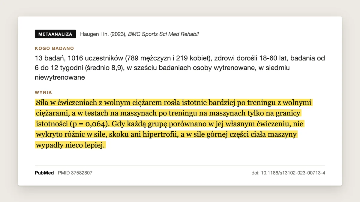 Plansza badania Haugen i in. 2023: 13 badań, 1016 osób. Siła rosła najbardziej w tym typie sprzętu, na którym trenowano, a w przyroście mięśni nie było różnicy między maszynami a wolnymi ciężarami (mięśnie mierzyło 5 badań).