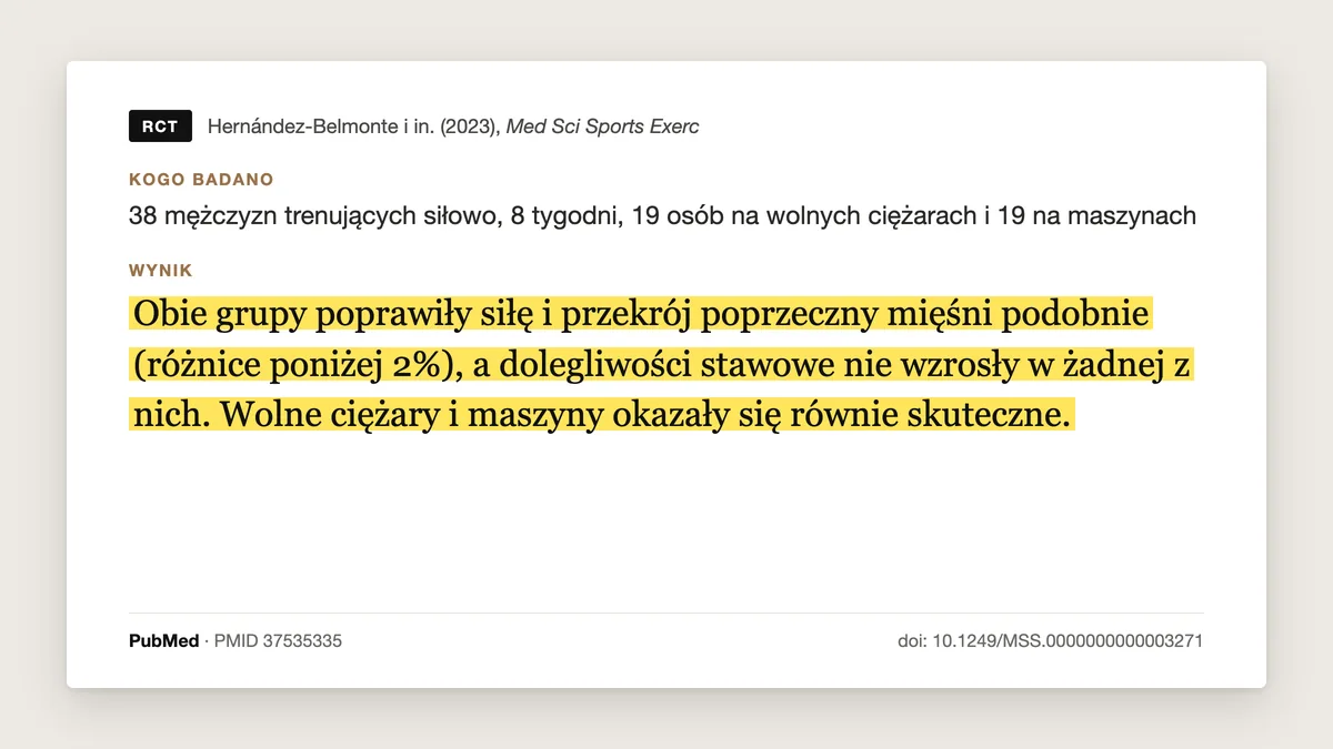 Plansza badania Hernández-Belmonte i in. 2023: 38 mężczyzn trenujących siłowo, 8 tygodni, 19 na wolnych ciężarach i 19 na maszynach. Obie grupy poprawiły siłę i przekrój mięśni podobnie, różnice poniżej 2%.