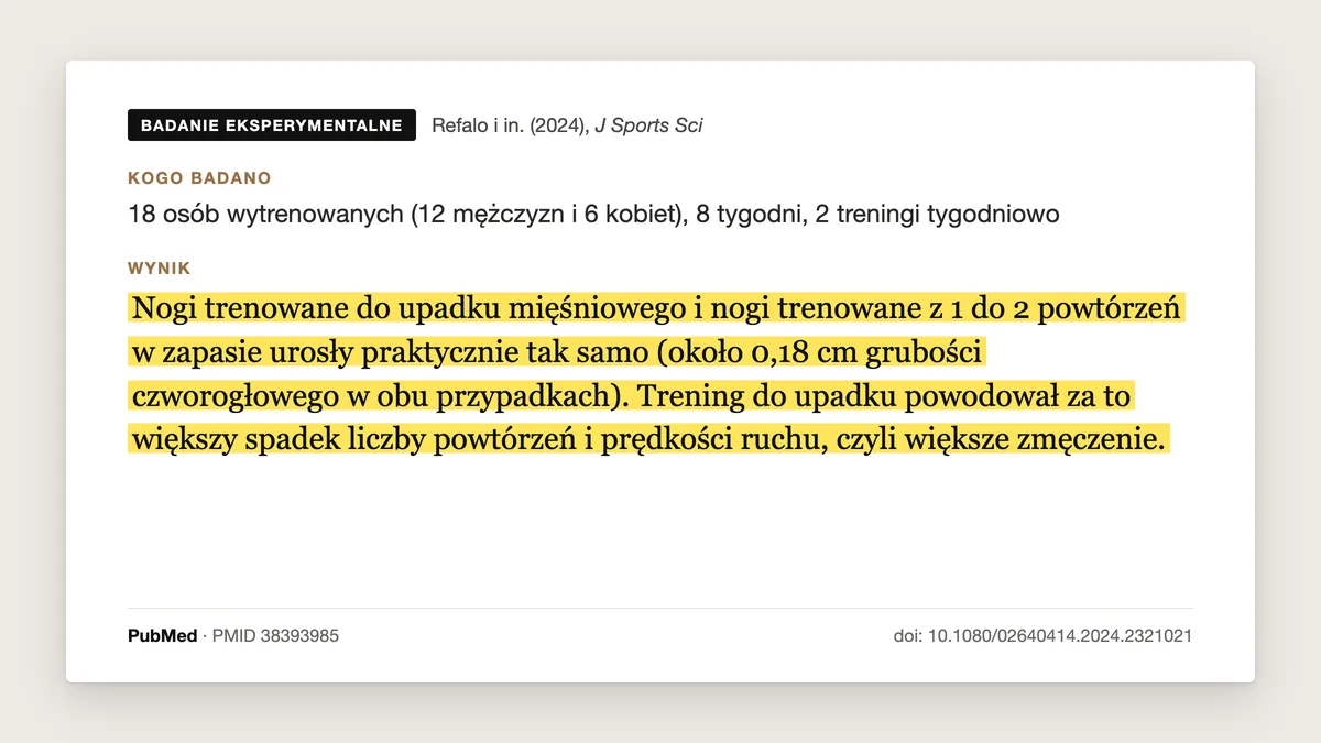 Plansza badania Refalo i in. 2024: 18 wytrenowanych osób, 8 tygodni. Nogi trenowane do upadku i z 1-2 powtórzeniami w zapasie urosły praktycznie tak samo, a trening do upadku dawał większe zmęczenie.