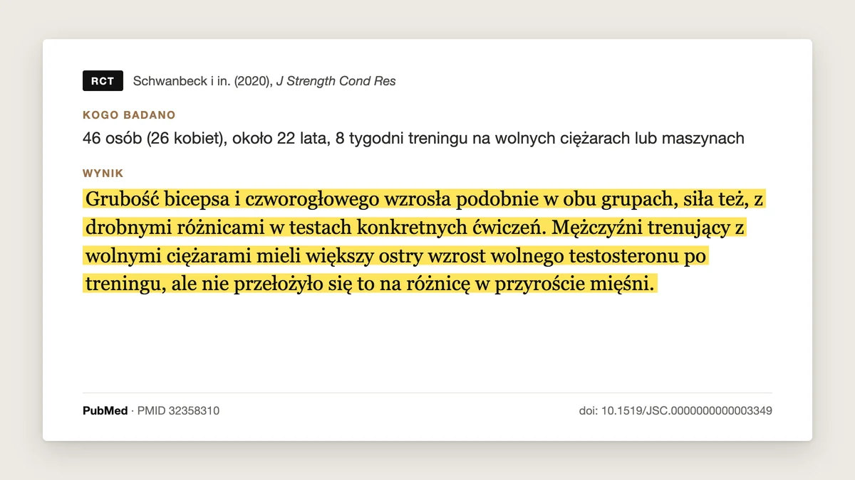 Plansza badania Schwanbeck i in. 2020: 46 osób, 8 tygodni na wolnych ciężarach albo maszynach. Grubość bicepsa i czworogłowego wzrosła podobnie w obu grupach. Większy skok wolnego testosteronu po treningu z wolnymi ciężarami nie przełożył się na większy przyrost mięśni.