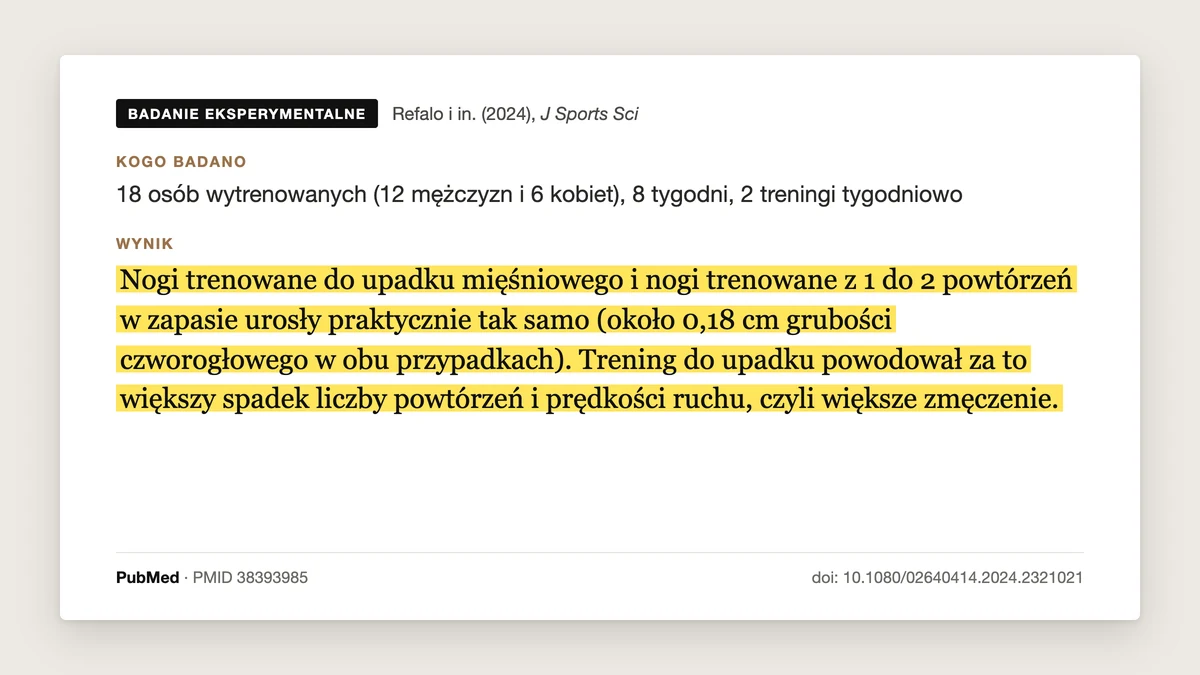 Plansza badania Refalo i in. 2024, J Sports Sci: 18 wytrenowanych osób, 8 tygodni. Nogi trenowane do upadku i z 1-2 powtórzeniami w zapasie urosły praktycznie tak samo, a upadek dawał większe zmęczenie.