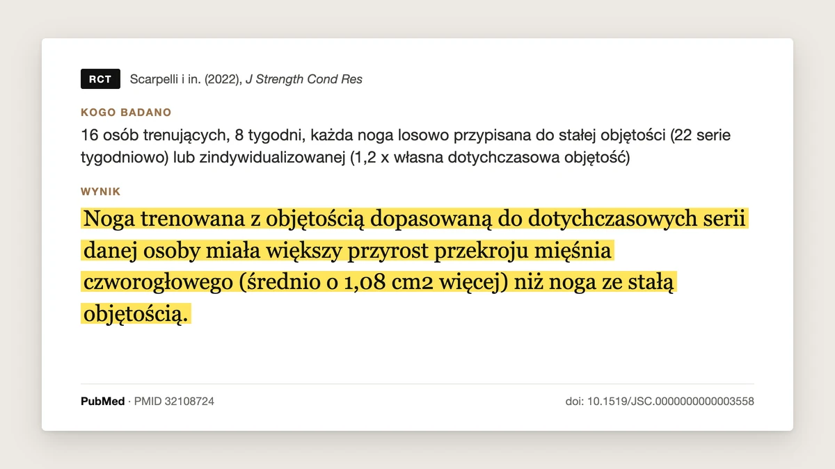 Plansza badania Scarpelli i in. 2022, J Strength Cond Res: 16 osób trenujących, 8 tygodni. Noga trenowana objętością dopasowaną do dotychczasowych serii danej osoby (1,2 razy własna objętość) miała większy przyrost przekroju mięśnia czworogłowego, średnio o 1,08 cm2, niż noga ze stałą objętością 22 serii tygodniowo.