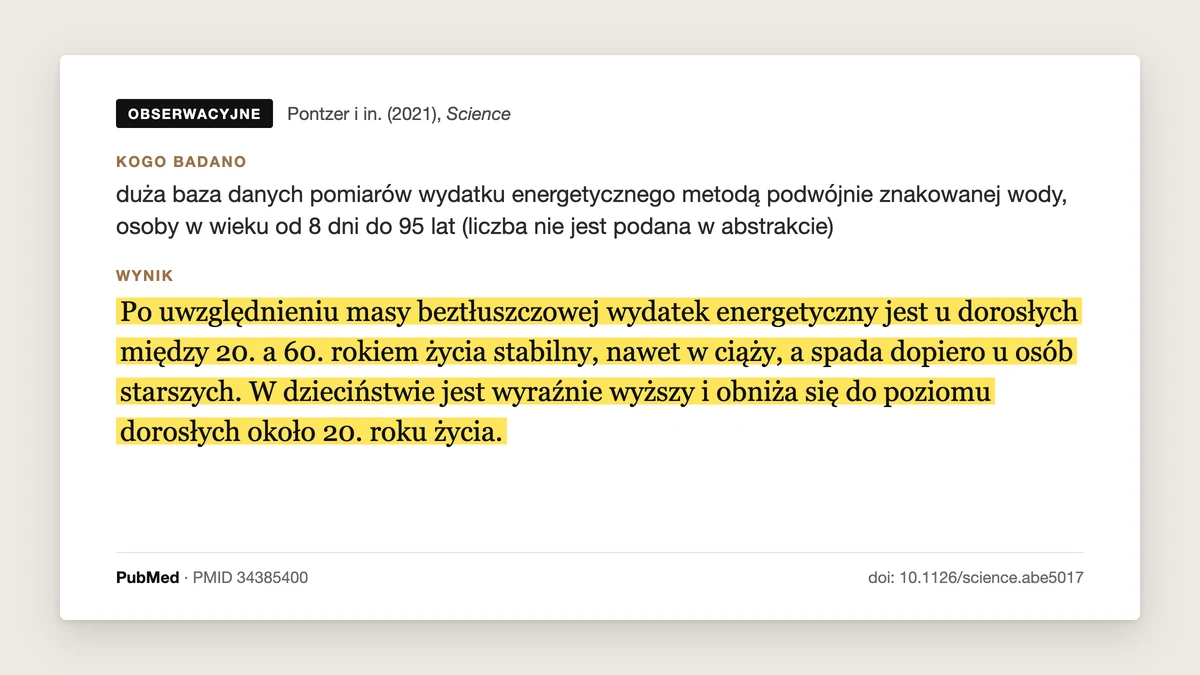 Plansza badania Pontzer i in. 2021, Science: po uwzględnieniu masy beztłuszczowej dzienny wydatek energii był stabilny między 20. a 60. rokiem życia, spadał dopiero u starszych osób.