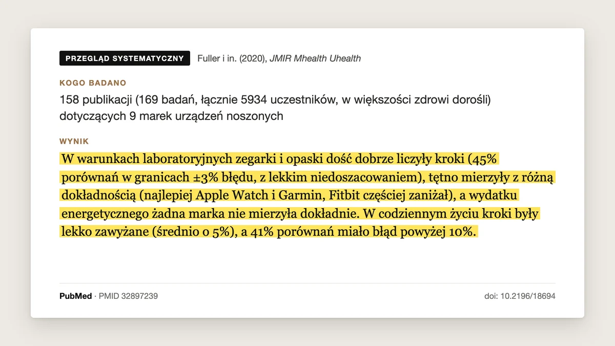 Plansza badania Fuller i in. 2020: przegląd 158 publikacji o zegarkach i opaskach. Tętno mierzyły z różną dokładnością, najlepiej Apple Watch i Garmin, a wydatku energetycznego żadna marka nie mierzyła dokładnie.