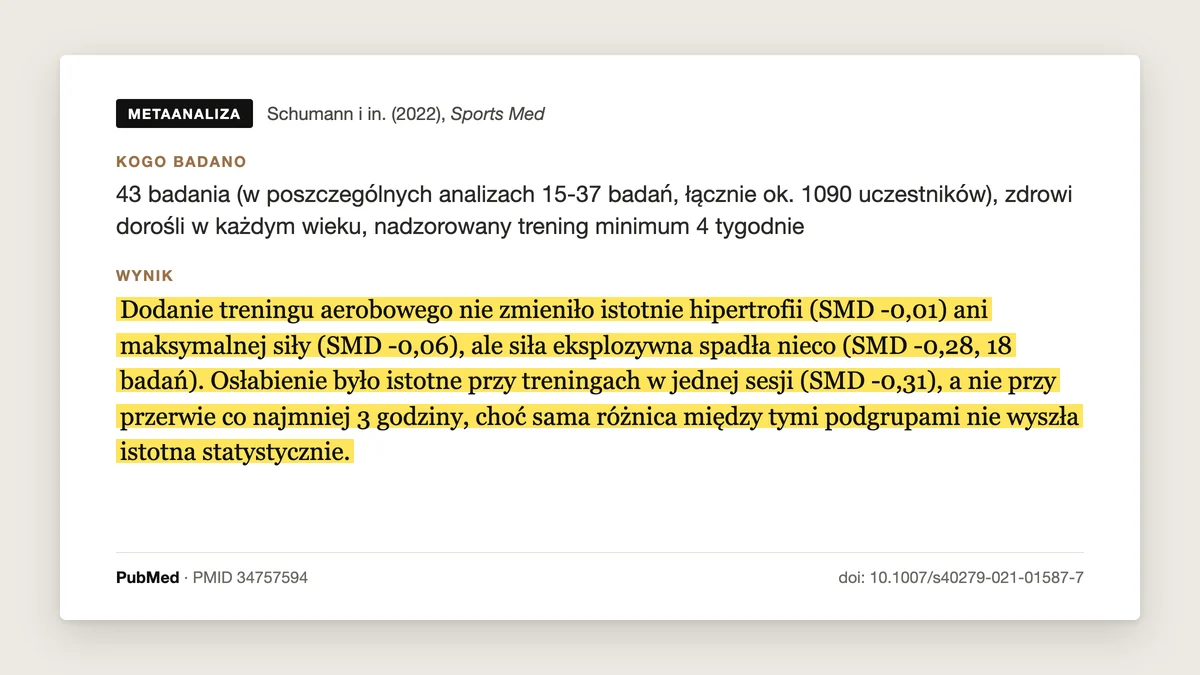 Plansza badania Schumann i in. 2022, Sports Medicine: 43 badania, dodanie treningu tlenowego do siłowego nie zmieniło przyrostu mięśni (SMD −0,01) ani siły maksymalnej, lekko obniżało siłę eksplozywną, głównie przy treningu w jednej sesji.