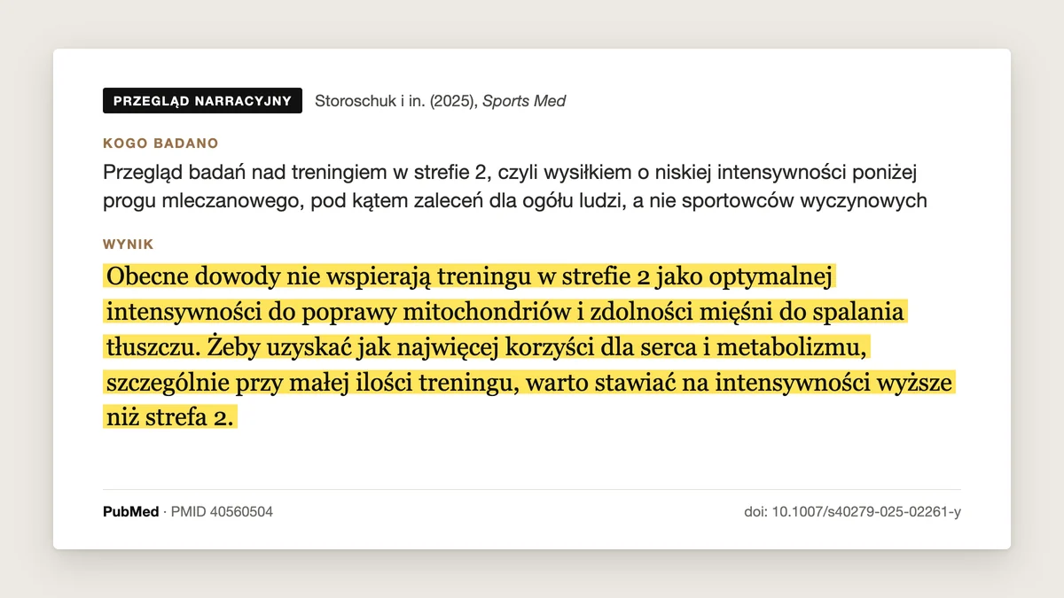 Plansza badania Storoschuk i in. 2025, Sports Medicine, przegląd Much Ado About Zone 2: obecne dowody nie wspierają treningu w strefie 2 jako optymalnej intensywności dla poprawy mitochondriów i zdolności mięśni do spalania tłuszczu, a przy małej ilości treningu warto stawiać na intensywności powyżej strefy 2.