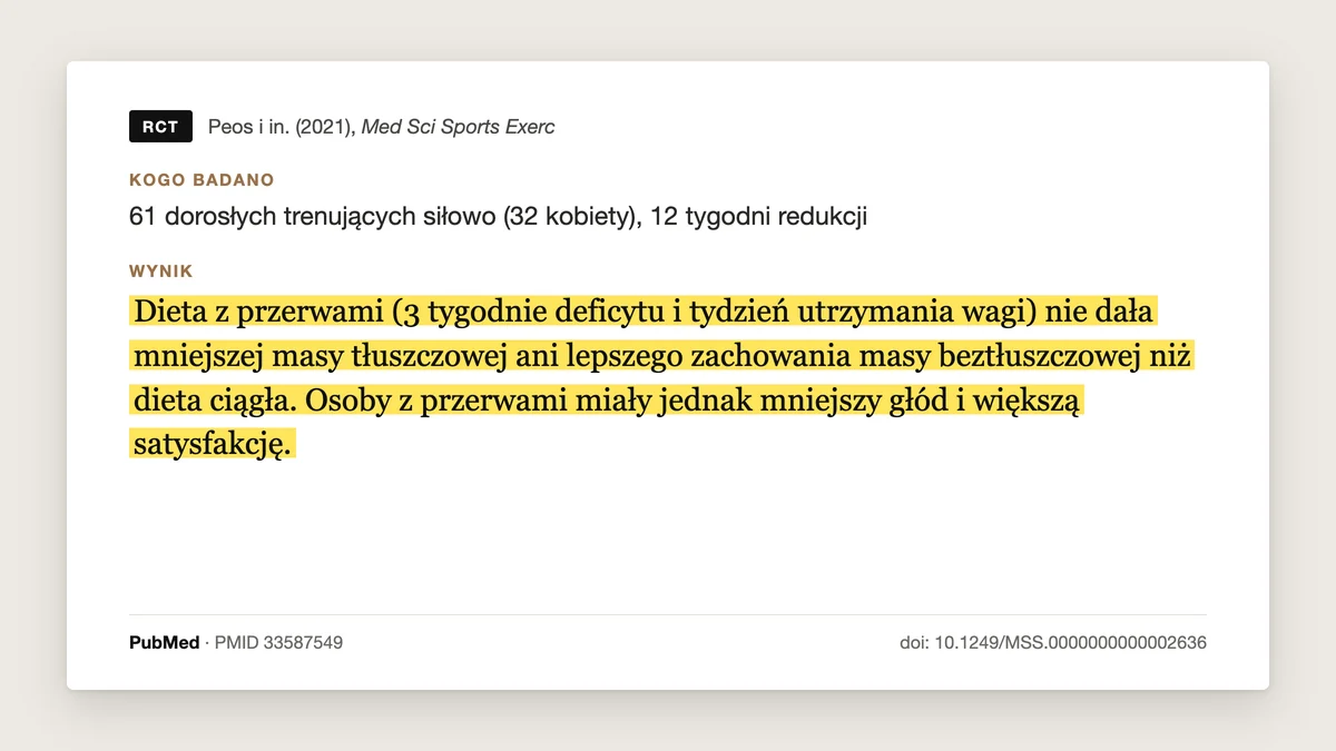 Plansza badania Peos i in. 2021: 61 osób trenujących siłowo, 12 tygodni redukcji. Dieta z przerwami, 3 tygodnie deficytu i tydzień utrzymania, dała tyle samo tłuszczu i masy beztłuszczowej co dieta ciągła, ale mniejszy głód.